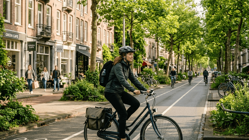 Person commuting on a bicycle through a tree-lined city street