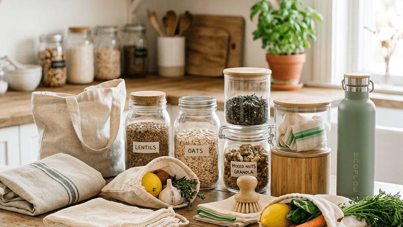 Reusable bags, jars, and containers arranged for zero-waste shopping